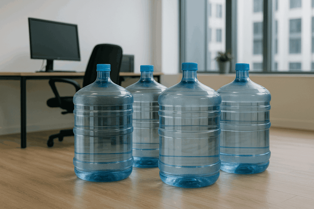 several 5 gallon bottles of bottled water in an office